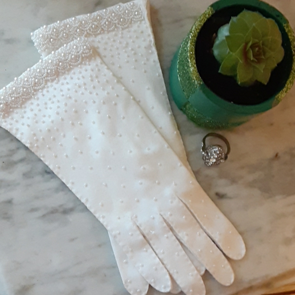 Vintage Pearl Beaded Gloves 100% Cotton handmade